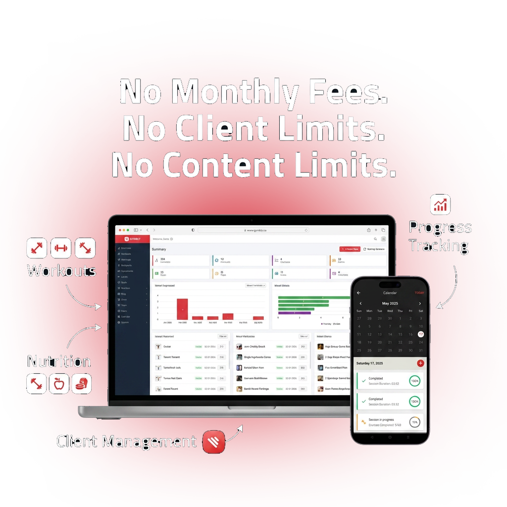 Gymbly admin dashboard showing client management, revenue analytics, and subscriber metrics