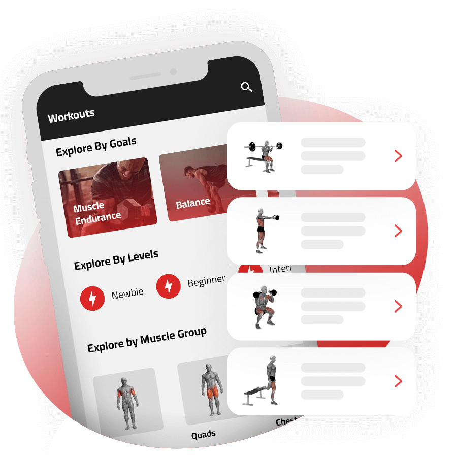 3D exercise library with anatomical models and highlighted target muscle groups