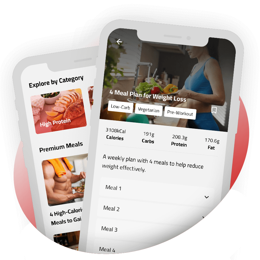 Interactive meal plan builder showing custom macronutrient tracking and food guides