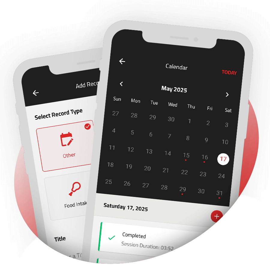 Interactive client calendar showing workout logging, habit tracking, and progress charts