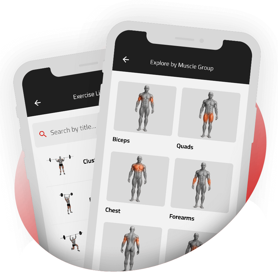 Exercise library filters by target body part, fitness level, and training goal