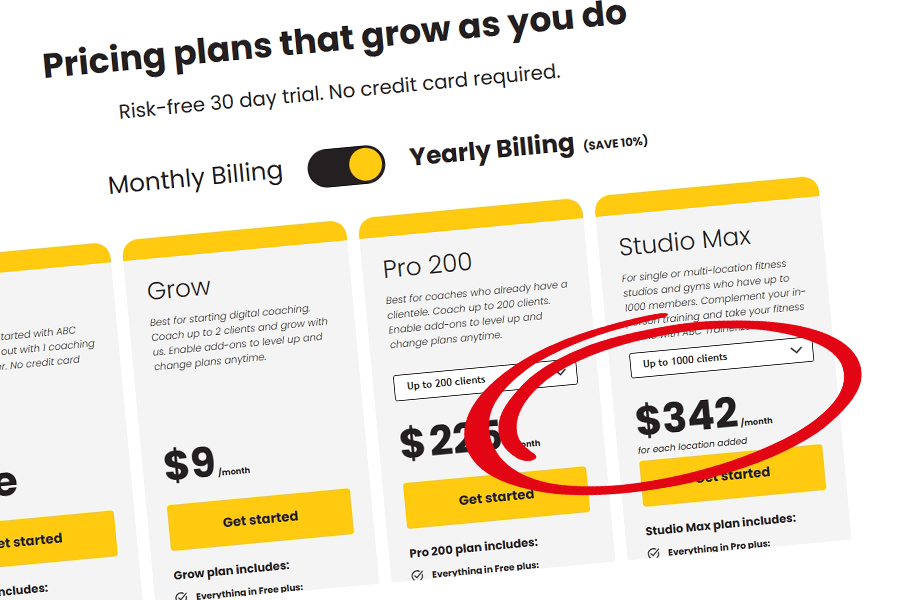Trainerize pricing screenshot